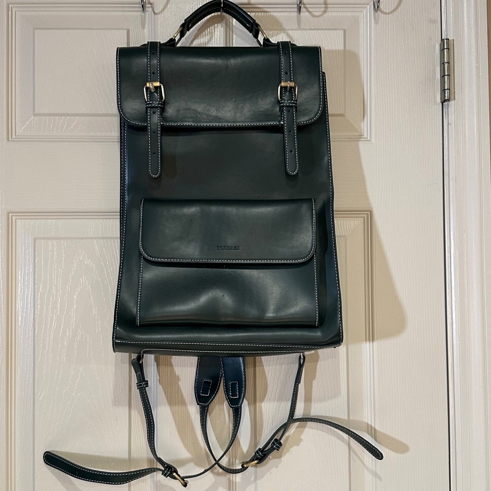 Ecosusi Dark Green Vegan Leather Laptop Backpack Vintage Satchel Messenger Bag